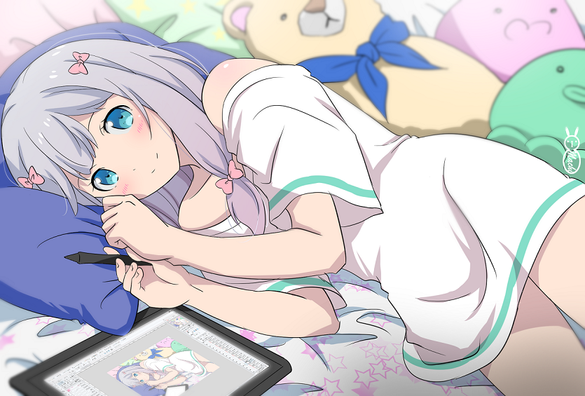 1girl, bare_shoulders, blue_bow, blue_eyes, bow, drawing_tablet, eromanga_sensei, eyelashes