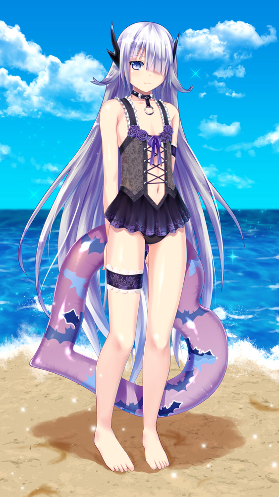 1girl, akashic_chronicle, anna_(akashic_chronicle), ano_hito, arms_behind_back, barefoot, black_collar, black_one-piece_swimsuit, blue_eyes, blue_sky, cloud, collar, commentary, flat_chest, full_body, hair_over_one_eye, horizon, horns, innertube, legs, long_hair, mobile_legends:_bang_bang, navel, ocean, one-piece_swimsuit, purple_hair, sky, solo, swim_ring, swimsuit, thigh_strap, toes, very_long_hair