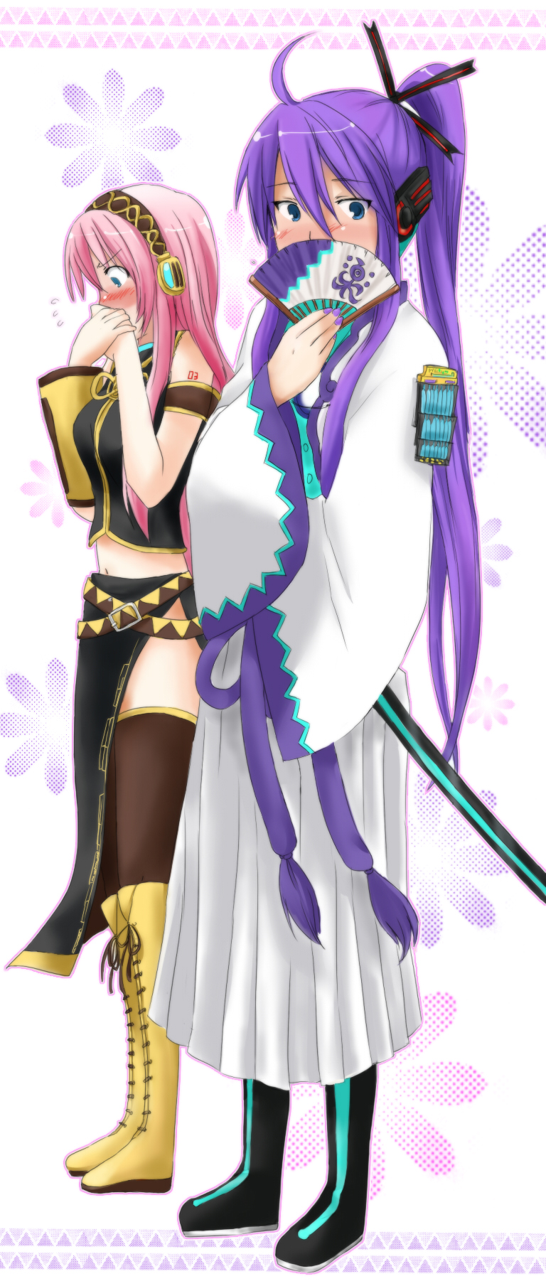 1boy, 1girl, ami_(wonderland99), blush, boots, couple, headphones, hetero, highres, kamui_gakupo, long_hair, megurine_luka, pink_hair, ponytail, purple_hair, thighhighs, vocaloid