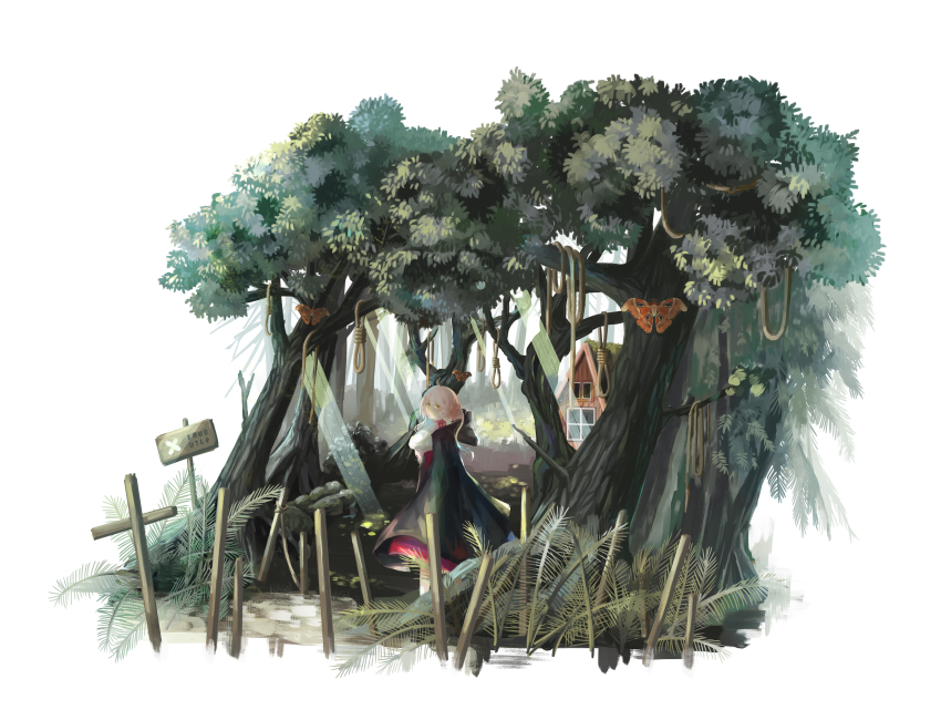 1girl, absurdres, black_cape, blonde_hair, braid, bug, cabin, cape, cross, dappled_sunlight, eyelashes, fern, forest, highres, house, insect, long_hair, march_son, moth, nature, noose, original, sign, solo, standing, sunlight, tree, yellow_eyes