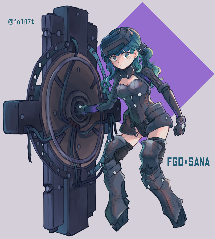 1girl, aqua_eyes, aqua_hair, armored_boots, armored_leotard, black_gloves, blunt_bangs, boots