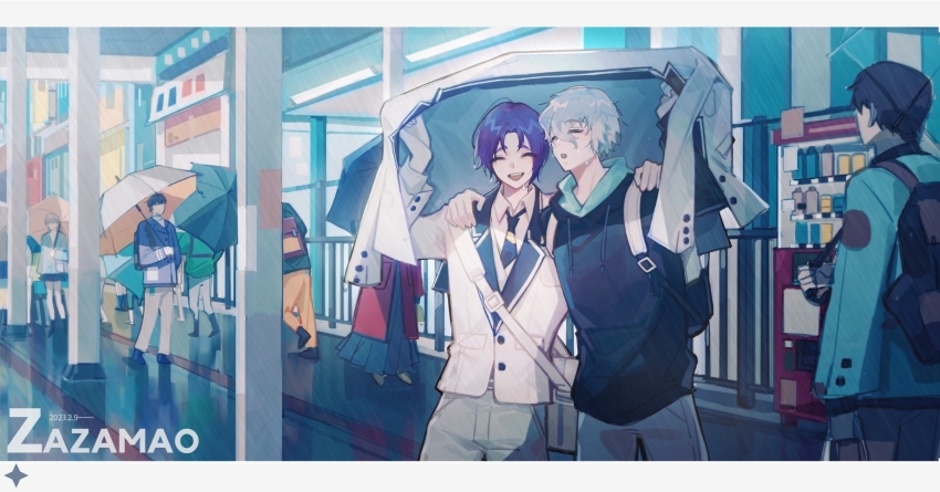 6+boys, backpack, bag, blue_lock, closed_eyes, dated, grey_hair, grey_pants, hair_between_eyes, highres, hood, hoodie, jacket, unworn_jacket, male_focus, mikage_reo, multiple_boys, nagi_seishirou, outdoors, pants, purple_hair, rain, school_uniform, shared_clothes, standing, transparent, transparent_umbrella, umbrella, wet, zamao_(zaza)