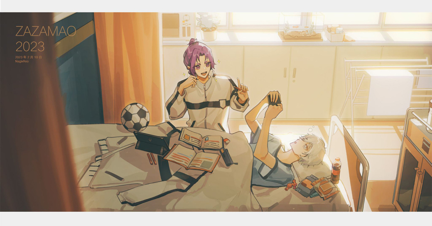 2boys, ball, bed, blue_lock, book, candy, dated, day, eraser, food, grey_eyes, hair_between_eyes, holding, holding_pencil, indoors, jacket, lying, mikage_reo, multiple_boys, nagi_seishirou, on_back, open_book, pencil, pencil_case, purple_eyes, purple_hair, short_sleeves, snack, soccer_ball, soda, sunlight, tablet_pc, towel_rack, white_hair, white_jacket, window, window_shadow, wrapped_candy, zamao_(zaza)