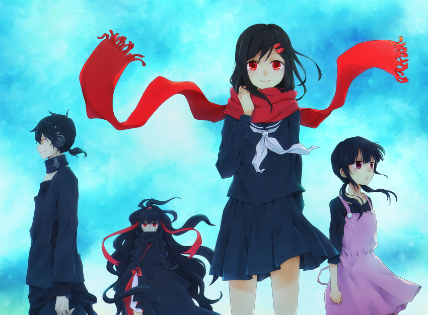1boy, 3girls, arm_at_side, arrow_(symbol), arrow_print, asahina_hiyori, azami_(kagerou_project), black_hair