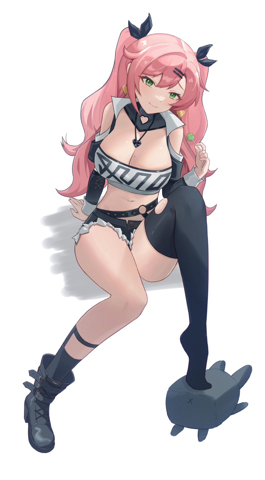 1girl, absurdres, asymmetrical_legwear, bare_shoulders, black_boots, black_ribbon, black_shorts, black_socks