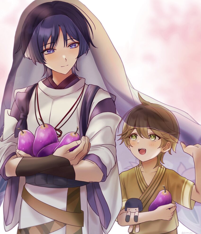 2boys, :d, absurdres, armor, black_ribbon, blunt_ends, blurry, blurry_background