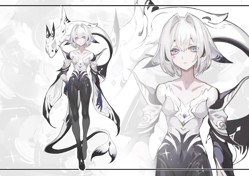 1girl, arm_at_side, black_bodysuit, black_hair, bodysuit, breasts, colored_tips, concept_art