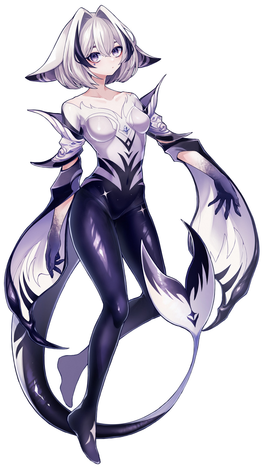 1girl, absurdres, animal_ears, arm_at_side, black_bodysuit, black_hair, bodysuit, breasts, closed_mouth, covered_navel, detached_sleeves, eien_project, full_body, hair_between_eyes, hair_intakes, hand_up, highres, kurayami_kilia, looking_at_viewer, maigo_(user_xkwr8585), multicolored_bodysuit, multicolored_hair, short_hair, simple_background, small_breasts, solo, tail, transparent_background, virtual_youtuber, white_bodysuit, white_hair