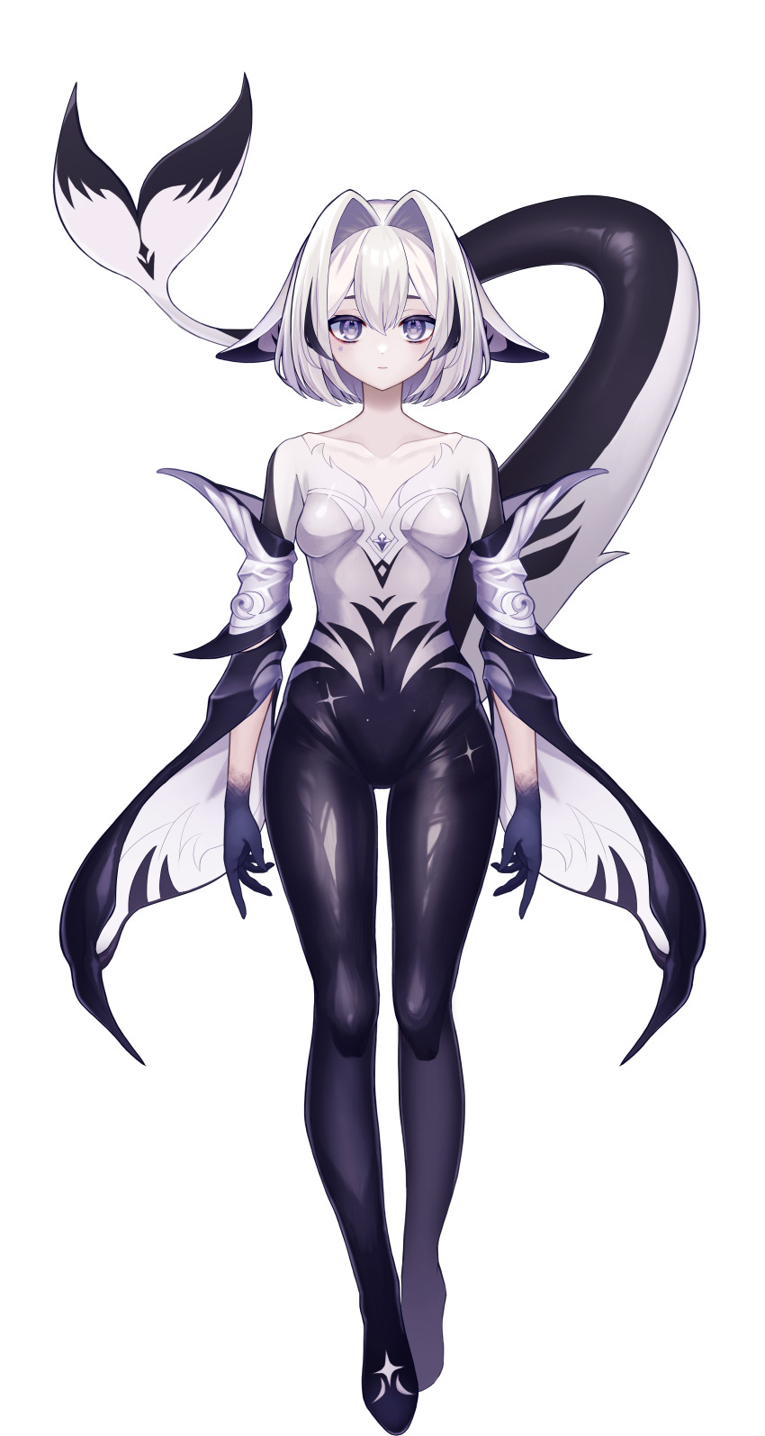 1girl, absurdres, arms_at_sides, black_bodysuit, black_hair, bodysuit, breasts, closed_mouth, colored_tips, covered_navel, detached_sleeves, eien_project, facial_mark, full_body, hair_intakes, highres, kurayami_kilia, looking_at_viewer, maigo_(user_xkwr8585), multicolored_bodysuit, multicolored_hair, official_art, purple_eyes, short_hair, simple_background, small_breasts, solo, star_(symbol), star_facial_mark, tail, transparent_background, virtual_youtuber, white_bodysuit