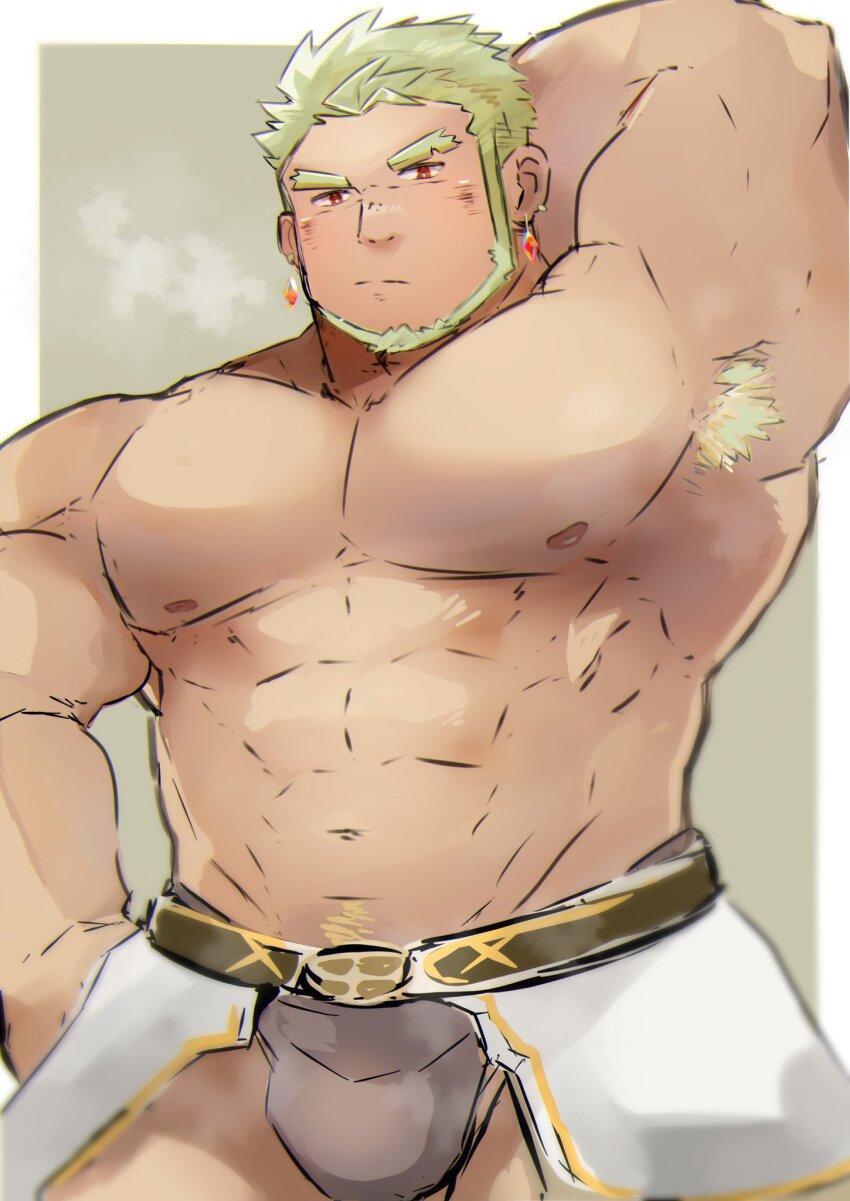 1boy, arm_behind_head, armpit_hair, armpits, bara, beard, black_hair, blonde_hair