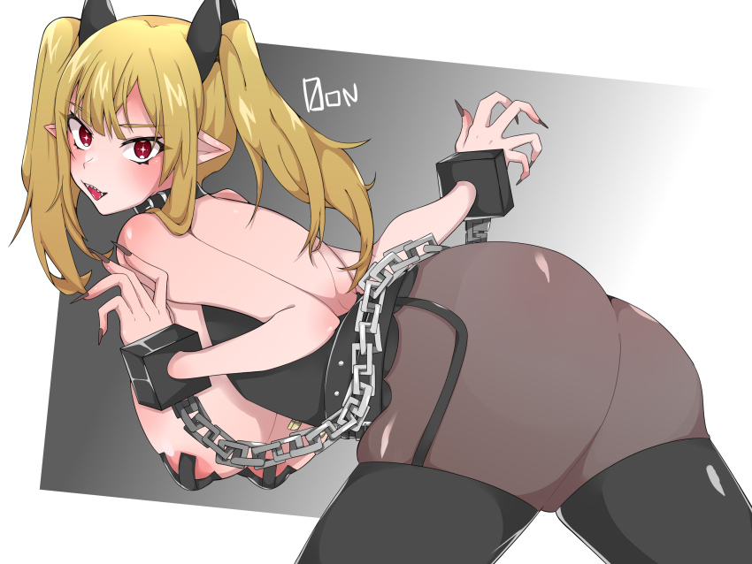 1girl, artist_name, ass, bare_shoulders, black_headwear, black_nails, black_pantyhose, blonde_hair, breasts, chain, chikiboneya, cross-shaped_pupils, cube, danielle_(waifu_fighter), highres, huge_breasts, jewelry, looking_at_viewer, necklace, pantyhose, paw_pose, red_eyes, symbol-shaped_pupils, teeth, thighs, twintails, vampire, waifu_fighter