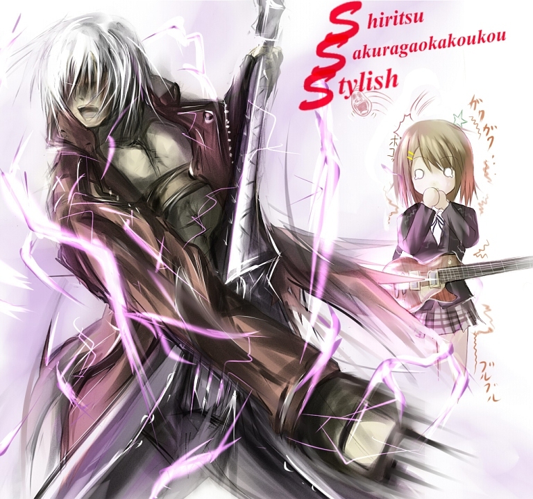 1boy, 1girl, bad_id, bad_pixiv_id, brown_hair, capcom, crossover, dante_(devil_may_cry), devil_may_cry_(series), guitar, hair_ornament, hairclip, hirasawa_yui, instrument, k-on!, missile228, nevan_(weapon), plaid_clothes, plaid_skirt, school_uniform, short_hair, skirt