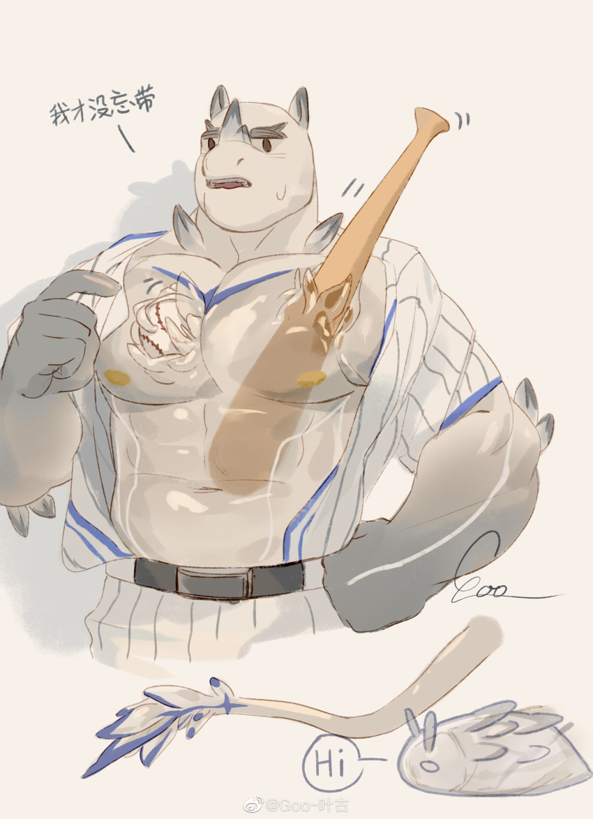 1boy, abs, absurdres, bald, bara, bare_pectorals, baseball, baseball_bat