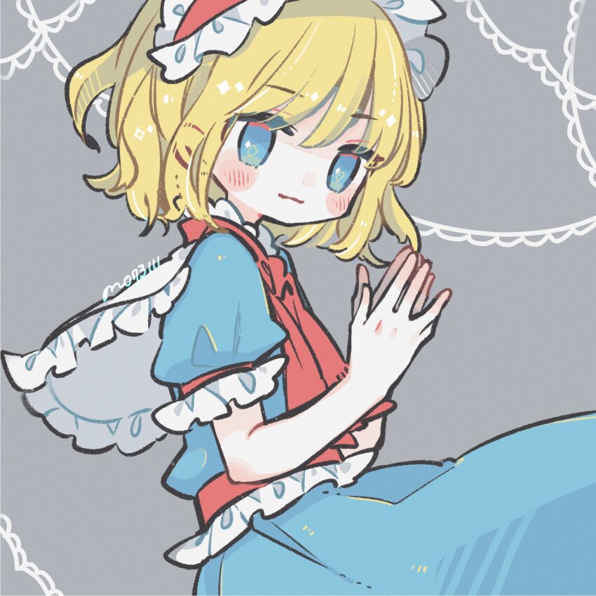 1girl, alice_margatroid, blonde_hair, blue_dress, blue_eyes, blush, closed_mouth, dress