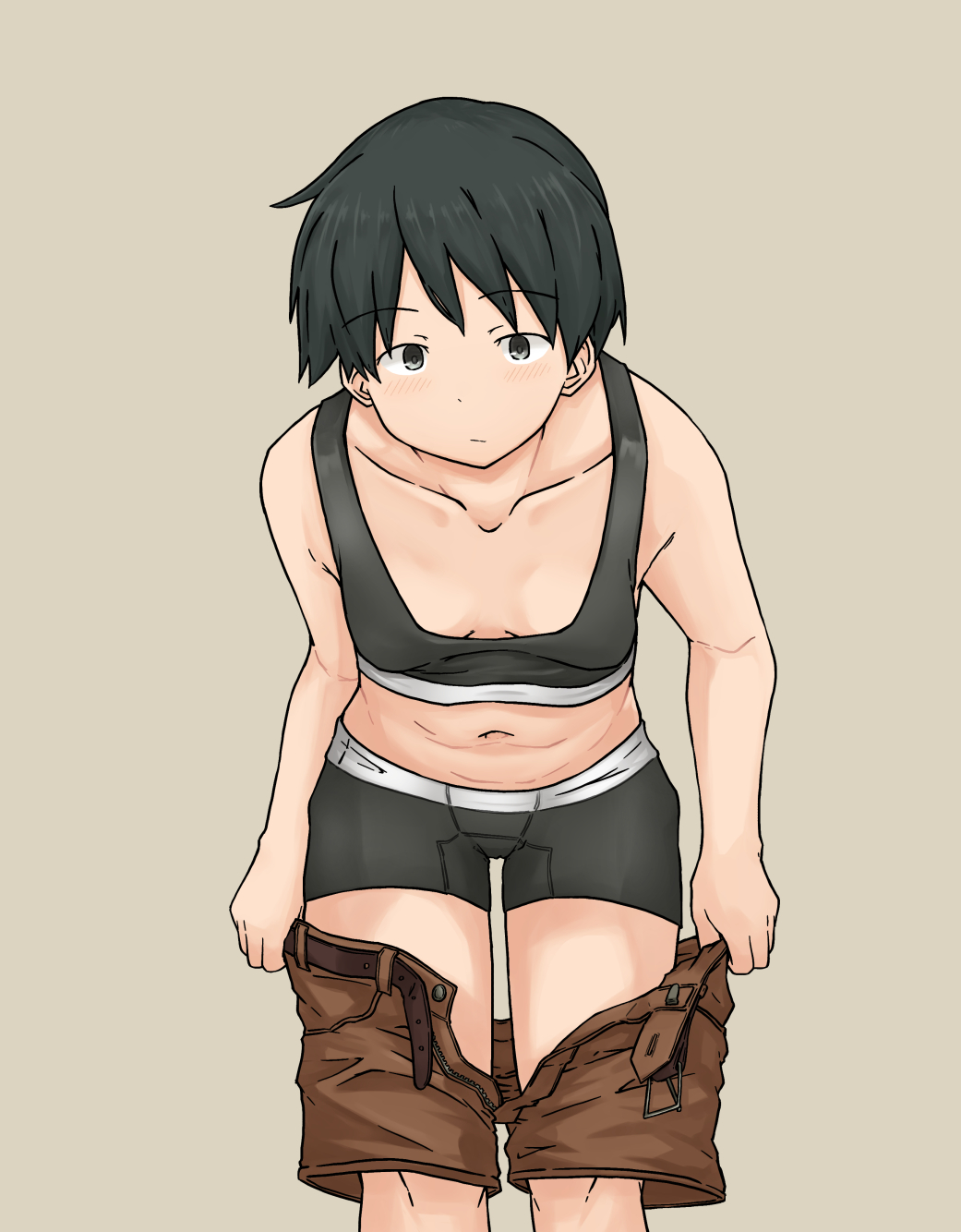 1girl, belt, black_hair, boyshort_panties, breasts, chagamaka, collarbone, expressionless