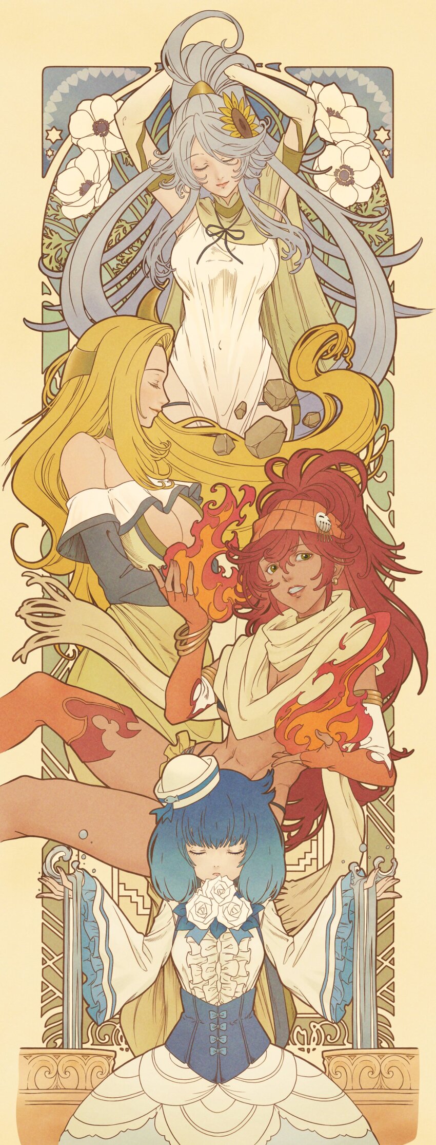 4girls, absurdres, agni_(tonsuki), art_nouveau, blonde_hair, blue_corset, blue_hair, blue_ribbon, bracelet, breasts, brown_eyes, chama_kou, cleavage, closed_eyes, closed_mouth, corset, dress, earrings, elbow_gloves, facing_viewer, feet_out_of_frame, fingerless_gloves, floating, flower, gloves, grin, hair_between_eyes, hair_flower, hair_ornament, hat, heart, highleg, highleg_panties, highres, jewelry, kishar_(tonsuki), large_breasts, leg_tattoo, light_blue_hair, long_hair, long_sleeves, medium_hair, multicolored_gloves, multiple_girls, neck_ribbon, ninlil_(tonsuki), off-shoulder_dress, off_shoulder, orange_gloves, orange_thighhighs, panties, ponytail, red_hair, ribbon, rose, rusalka_(tonsuki), scarf, single_thighhigh, sleeveless, sleeveless_dress, smile, sunflower, sunflower_hair_ornament, tattoo, thighhighs, tondemo_skill_de_isekai_hourou_meshi, tying_hair, underwear, white_dress, white_flower, white_gloves, white_headwear, white_rose