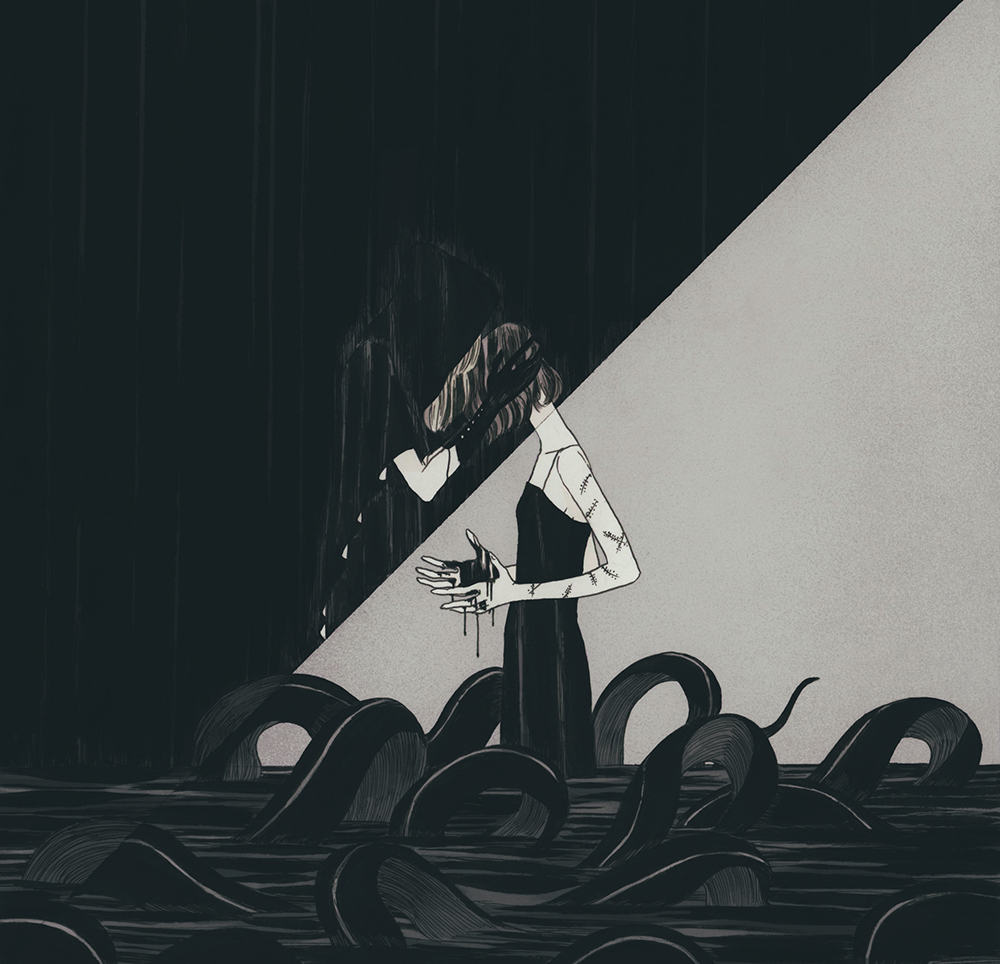 1girl, 1other, black_dress, bob_cut, cochlea1313, dress, greyscale, hair_over_face