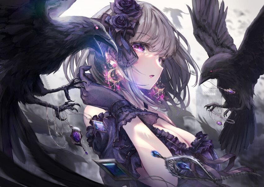 1girl, bare_shoulders, bird, blue_gem, blurry, blurry_background, bow, breasts, cleavage, crescent, crescent_earrings, crow, dress, earrings, flower, fog, gem, gloves, grey_background, grey_hair, hair_bow, hair_flower, hair_ornament, highres, jewelry, karasu_(noein), looking_at_viewer, medium_breasts, missile228, motion_blur, off-shoulder_dress, off_shoulder, open_mouth, original, pink_hair, purple_flower, purple_gem, purple_gloves, purple_rose, rose, short_hair, sidelocks, solo