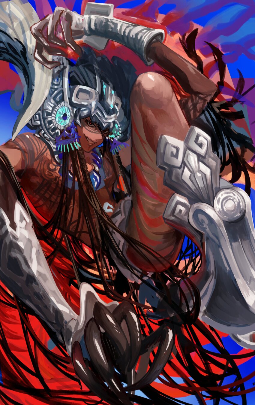 1boy, absurdres, black_hair, blue_background, braid, camazotz_(fate), claws, dark-skinned_male, dark_skin, fate/grand_order, fate_(series), grin, headpiece, highres, hisafuji, long_hair, male_focus, multiple_braids, red_eyes, shiny_skin, smile, solo, tattoo, very_long_hair
