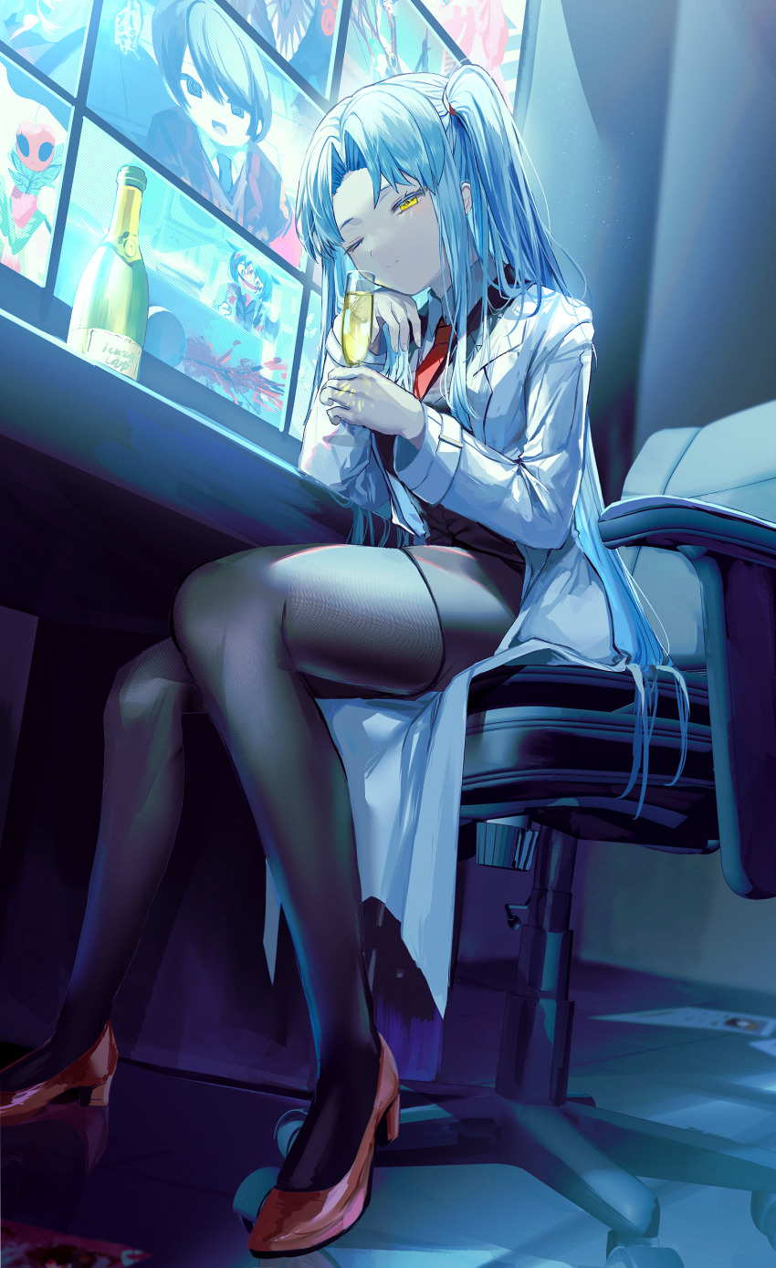 1girl, absurdres, alcohol, angela_(project_moon), big_bird_(project_moon), black_pantyhose, blood, blood_splatter, blue_hair, burrowing_heaven, chair, champagne, champagne_bottle, champagne_flute, closed_mouth, coat, collared_shirt, cup, drinking_glass, employee_(project_moon), highres, holding, lab_coat, light_blue_hair, lobotomy_corporation, long_hair, long_sleeves, necktie, nugget_(project_moon), office_chair, on_chair, pantyhose, ponytail, project_moon, red_footwear, red_necktie, screen, shirt, side_ponytail, singing_machine, skirt, snow_white's_apple, solo, swivel_chair, thighs, tile_floor, tiles, white_shirt, y_o_u_k_a, yellow_eyes