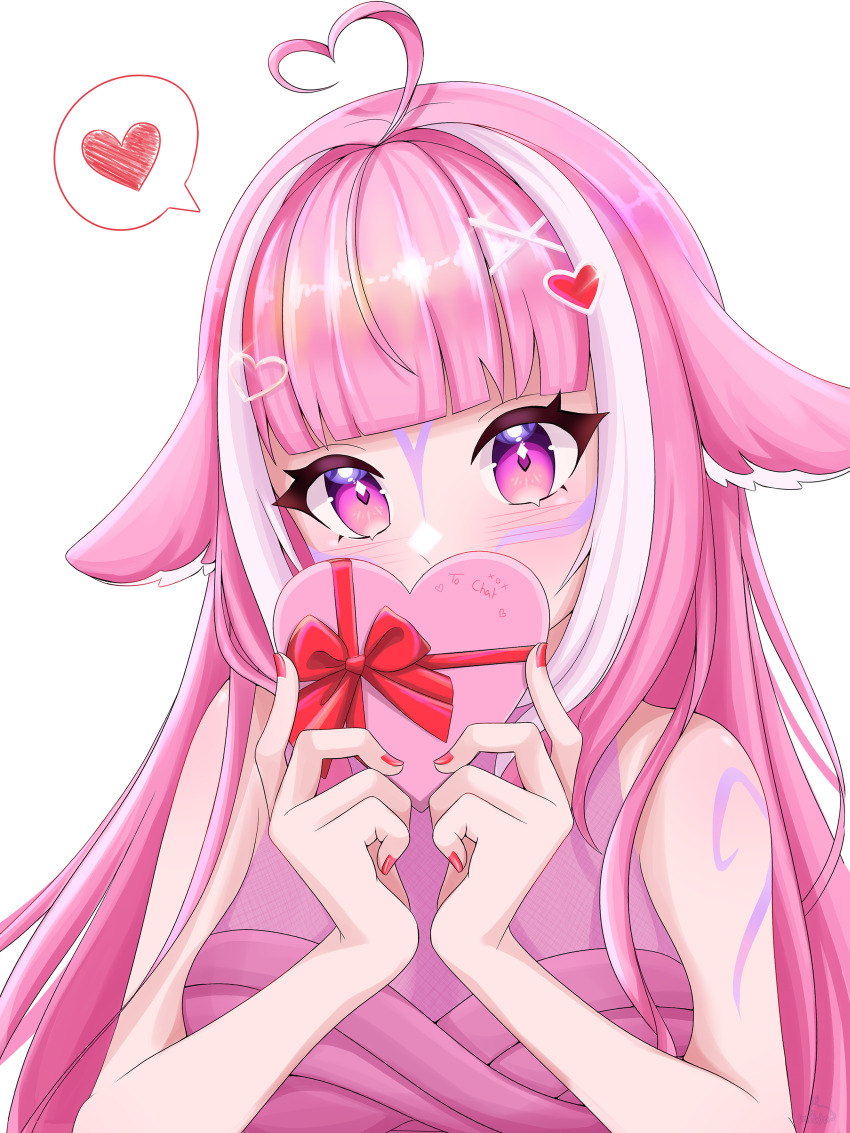 1girl, absurdres, ahoge, alternate_color, alternate_eye_color, alternate_hair_color, animal_ears, blush, body_markings, breasts, cleavage, hair_ornament, heart, heart_ahoge, heart_hair_ornament, highres, indie_virtual_youtuber, large_breasts, long_hair, miwa_(miwapeito), multicolored_hair, nail_polish, one-piece_swimsuit, orca_girl, pink_eyes, pink_hair, pink_one-piece_swimsuit, red_nails, see-through_cleavage, see-through_clothes, shylily, shylily_(3rd_costume), solo, streaked_hair, swimsuit, valentine, virtual_youtuber, white_hair, x_hair_ornament