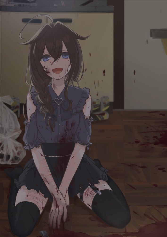 1girl, ahoge, alcohol, alternate_costume, black_hair, black_skirt, black_thighhighs, blood, blood_on_clothes, blood_on_face, blood_on_hands, blue_eyes, braid, can, frilled_shirt, frilled_skirt, frills, garter_straps, grey_shirt, hair_flaps, hair_over_shoulder, kantai_collection, looking_at_viewer, mai_(maika_04), self-harm, shigure_(kancolle), shigure_kai_ni_(kancolle), shirt, single_braid, skirt, smile, solo, strong_zero, thighhighs, trash, yandere