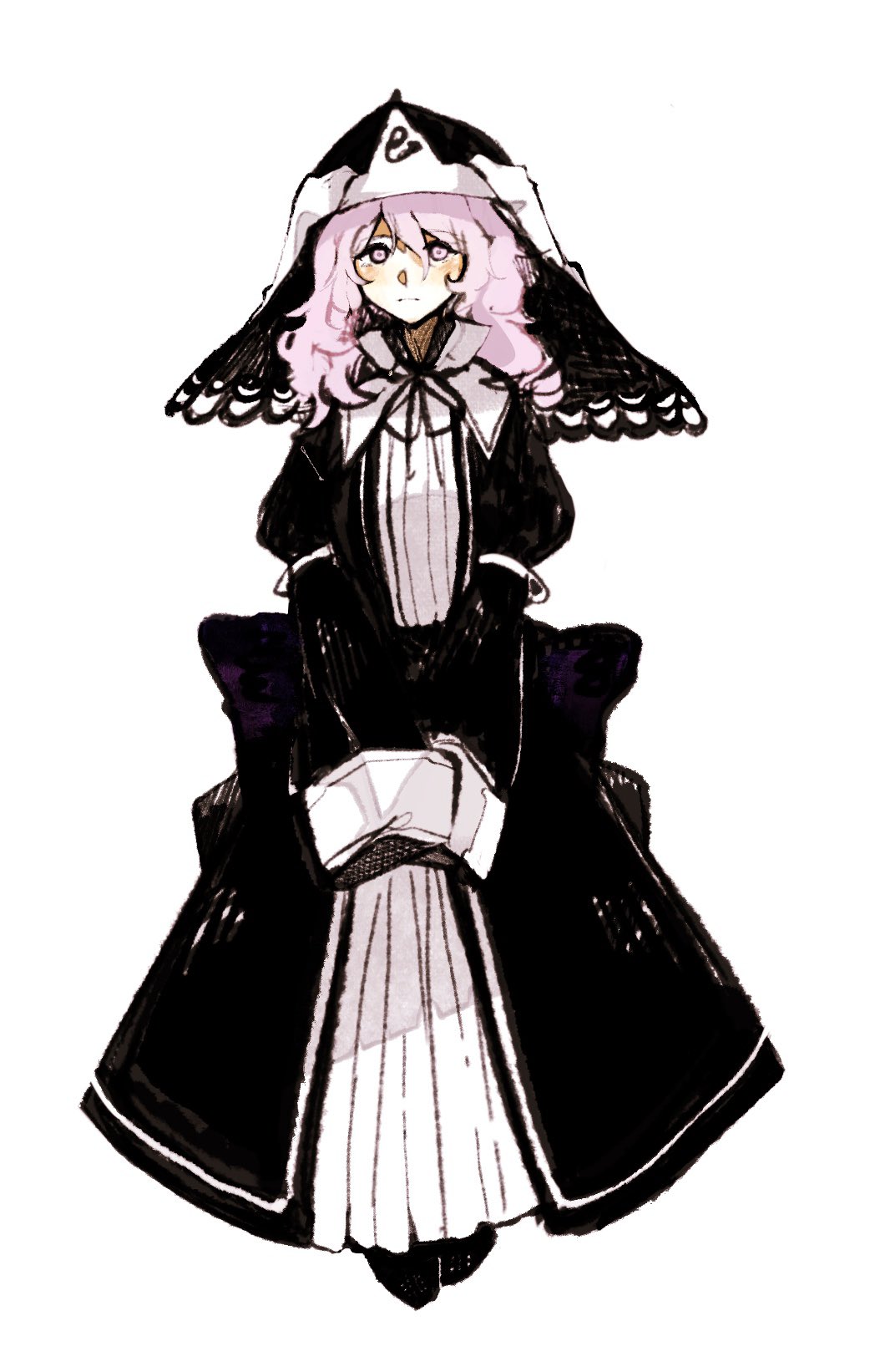 1girl, alternate_costume, black_headwear, black_kimono, closed_mouth, commentary, cropped_legs, english_commentary, highres, japanese_clothes, kabocha1408, kimono, koumajou_densetsu, koumajou_densetsu_2, looking_at_viewer, medium_hair, pink_eyes, pink_hair, saigyouji_yuyuko, simple_background, solo, touhou, triangular_headpiece, white_background