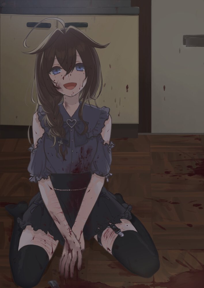 1girl, ahoge, alternate_costume, black_hair, black_skirt, black_thighhighs, blood, blood_on_clothes, blood_on_face, blood_on_hands, blue_eyes, braid, frilled_shirt, frilled_skirt, frills, garter_straps, grey_shirt, hair_flaps, hair_over_shoulder, kantai_collection, looking_at_viewer, mai_(maika_04), self-harm, shigure_(kancolle), shigure_kai_ni_(kancolle), shirt, single_braid, skirt, smile, solo, thighhighs, yandere