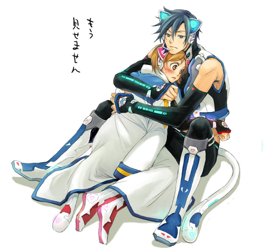 1boy, 1girl, animal_ear_headphones, animal_ears, blue_eyes, blue_hair, blush, boots, borrowed_clothes, brown_eyes, brown_hair, cat_ear_headphones, cat_ears, cat_tail, coat, cosplay, couple, detached_sleeves, fake_animal_ears, glowing, hair_between_eyes, half-closed_eyes, head_on_chest, headphones, headset, hetero, hug, kaito_(cosplay), kaito_(neko_cyber)_(vocaloid), kaito_(vocaloid), meiko_(vocaloid), meikousei, project_diva, project_diva_(series), project_diva_2nd, short_hair, simple_background, sitting, sweatdrop, tail, vocaloid, white_background