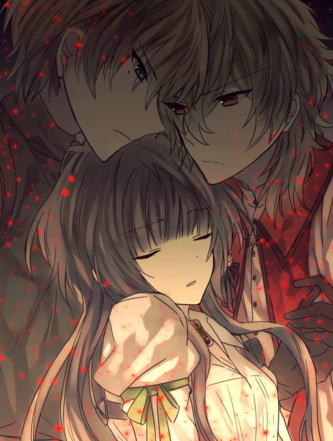 1girl, 2boys, black_gloves, black_sweater, blonde_hair, brown_hair, closed_eyes, collar_x_malice