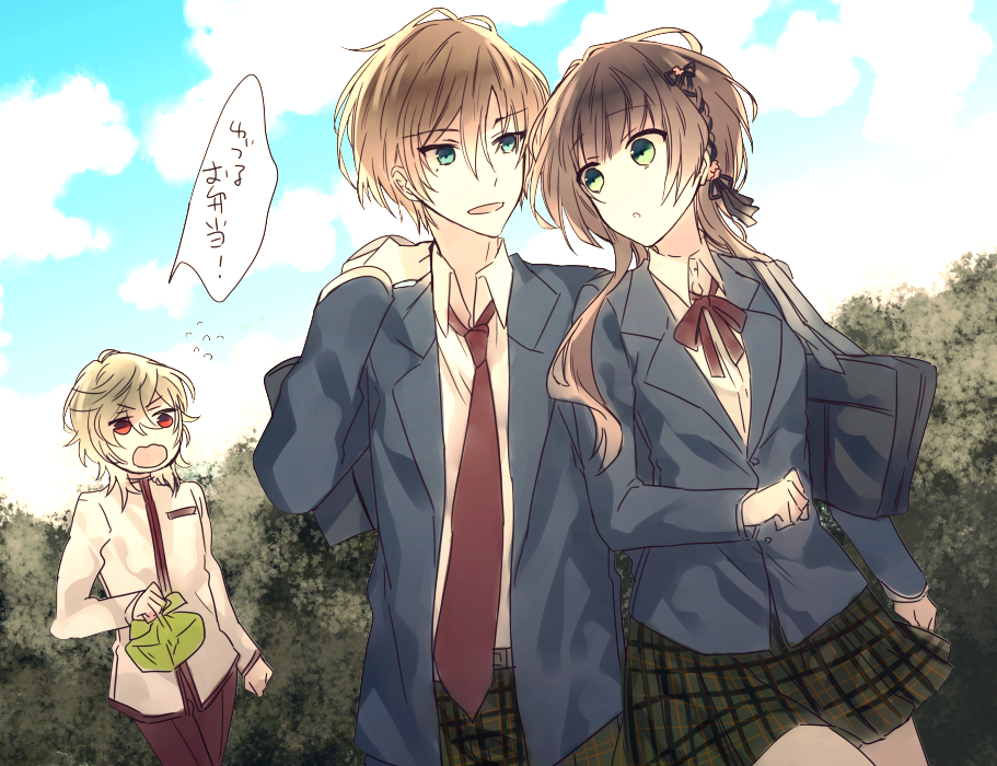 1girl, 2boys, blazer, blonde_hair, brown_hair, collar_x_malice, collared_shirt, green_eyes