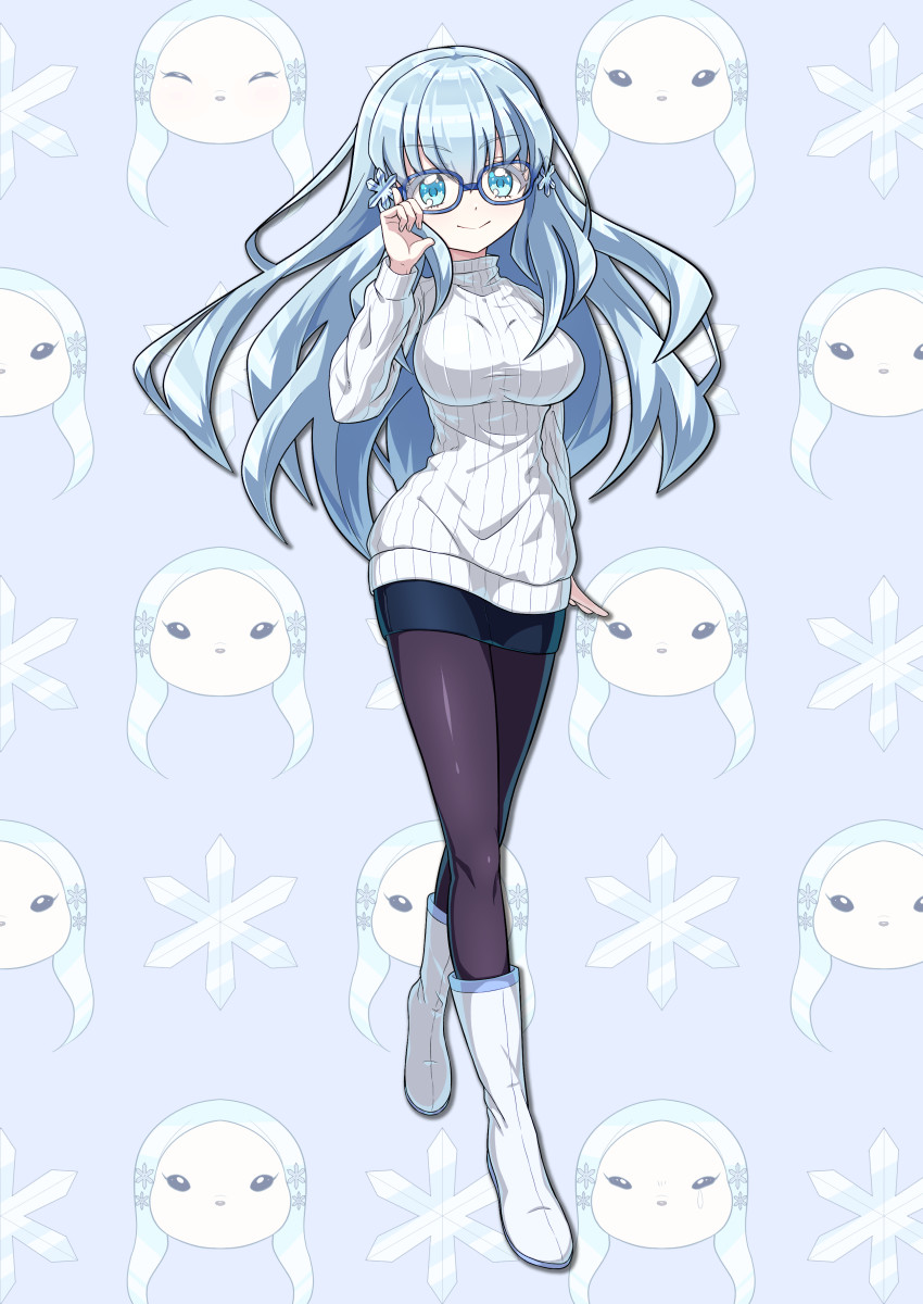 1girl, animal_nose, black_pantyhose, black_skirt, blue_eyes, blue_hair, blush, boots