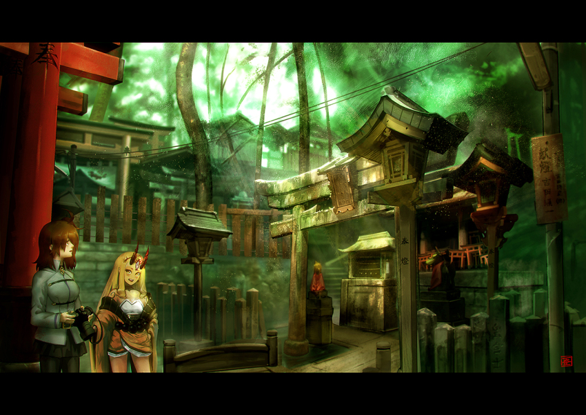2girls, ahoge, blonde_hair, camera, chaldea_uniform, facial_mark, fate/grand_order, fate_(series), fence, forehead_mark, fujimaru_ritsuka_(female), holding, holding_camera, horns, ibaraki_douji_(fate), japanese_clothes, kimono, letterboxed, long_hair, medium_hair, multiple_girls, oni, oni_horns, open_mouth, orange_hair, shirt, shrine, tattoo, teeth, temnama, torii, tree, upper_teeth_only, white_shirt, wooden_fence, yellow_kimono