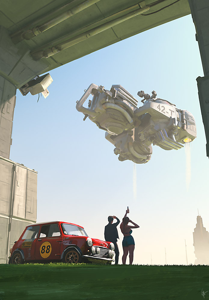 1boy, 1girl, aircraft, airship, blue_sky, bottle, bridge, building, car, clear_sky, from_behind, grass, gregory_fromenteau, mini_cooper, motor_vehicle, original, race_vehicle, racecar, rally_car, scenery, signature, sky, spacecraft, turbine, under_bridge