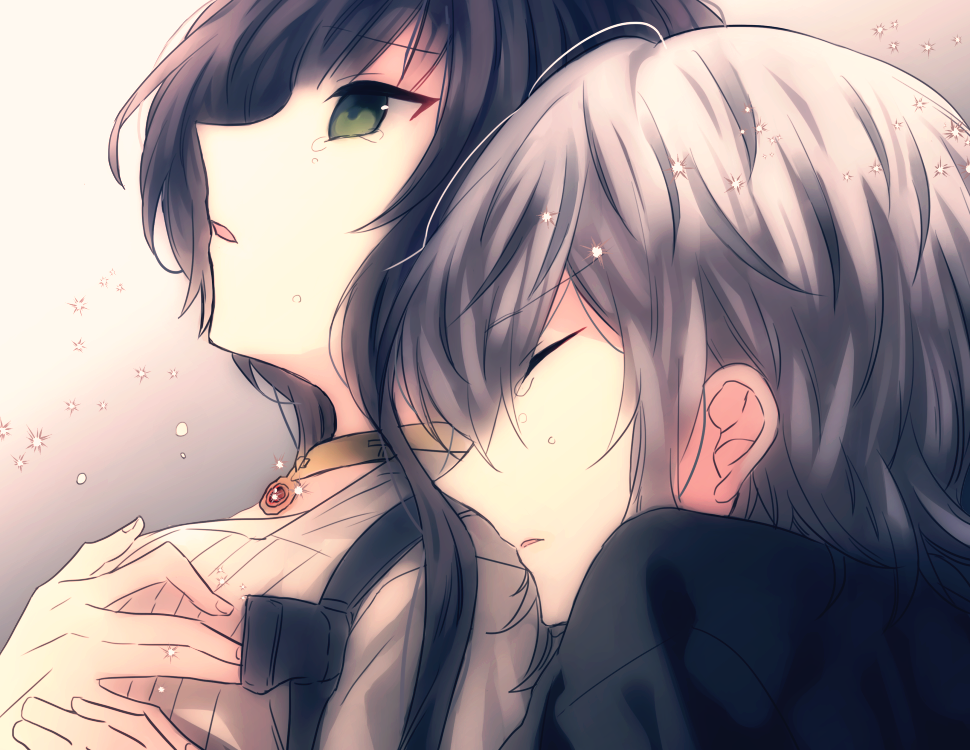 1boy, 1girl, brown_hair, closed_eyes, collar, collar_x_malice, crying, crying_with_eyes_open