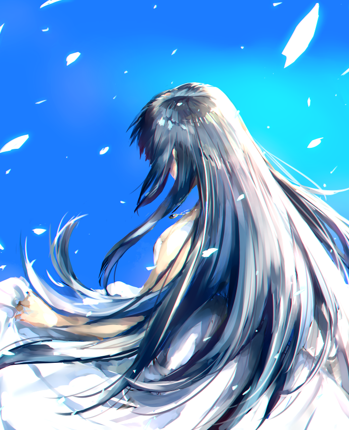 1girl, black_hair, blue_background, breasts, dress, falling_petals, from_side, gensou_suikoden