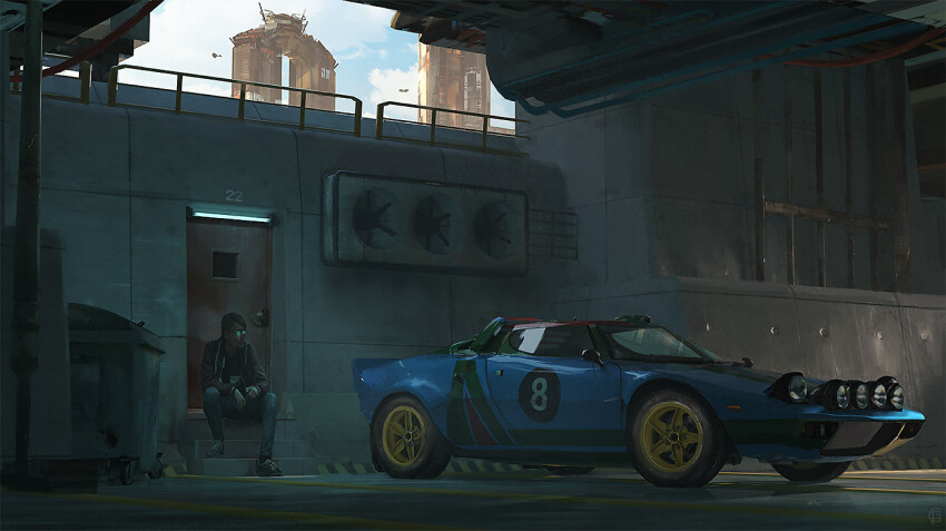 1boy, aircraft, artist_logo, bridge, building, car, cyberpunk, denim, glasses, gregory_fromenteau, jeans, lancia_stratos, logo, motor_vehicle, original, pants, race_vehicle, racecar, rally_car, science_fiction, shoes, short_hair, signature, sneakers, spacecraft, sweater