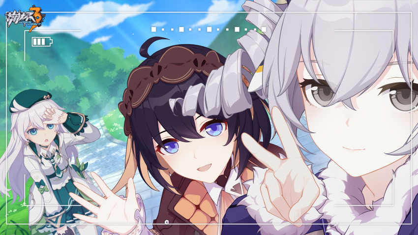 3girls, :o, ahoge, blue_eyes, blue_hair, bronya_zaychik, bronya_zaychik_(snowy_sniper), brown_headwear