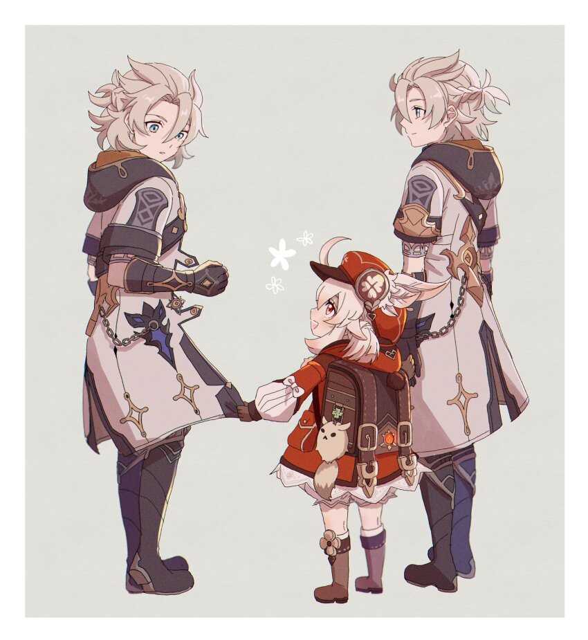 1girl, 2boys, :d, :o, ahoge, albedo_(genshin_impact), aoyagi_(ao0701yagi), aqua_eyes