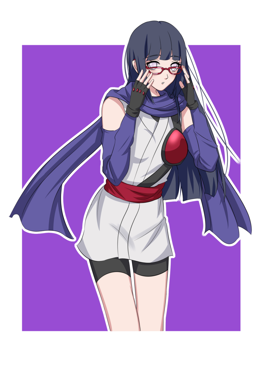 1girl, adjusting_eyewear, arm_warmers, bike_shorts, black_gloves, black_hair, border, byakugan