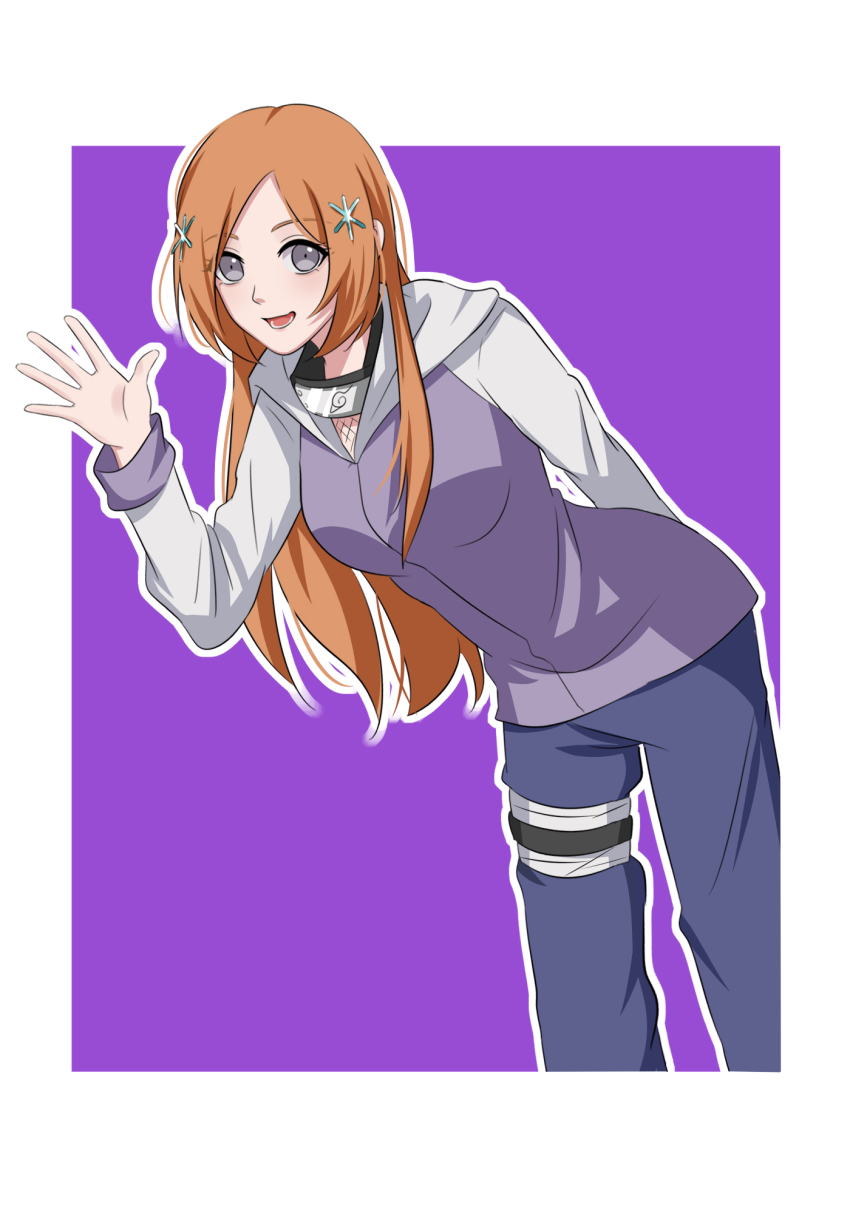 1girl, :d, arm_behind_back, bleach, border, brown_hair, cosplay, gangbi2, grey_sleeves, hair_ornament, highres, hood, hooded_jacket, hyuuga_hinata, hyuuga_hinata_(cosplay), inoue_orihime, jacket, leaning_forward, long_hair, long_sleeves, looking_at_viewer, naruto_(series), naruto_shippuuden, open_mouth, outline, outside_border, pants, parted_bangs, purple_background, purple_eyes, purple_jacket, purple_pants, smile, solo, standing, very_long_hair, voice_actor_connection, white_border
