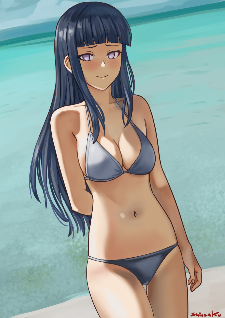 1girl, arm_behind_back, artist_name, bare_arms, bikini, black_hair, blunt_bangs, blush