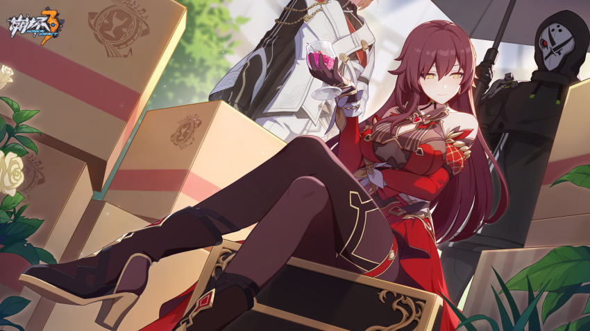 1girl, 2boys, box, cardboard_box, cup, eden_(honkai_impact), flower, gray_serpent