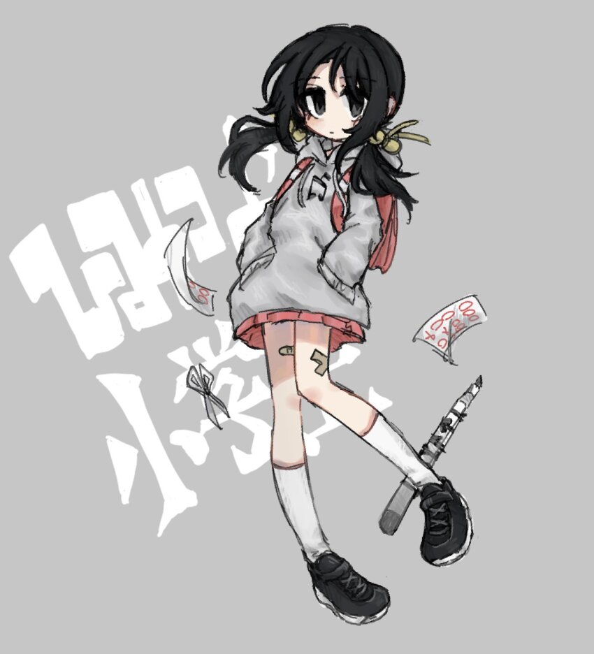 1girl, agpgwm, backpack, bag, bandaid, bandaid_on_leg, black_eyes, black_hair, black_shoes, expressionless, floating_hair, flute, full_body, grey_background, grey_hoodie, hair_bobbles, hair_ornament, hands_in_pockets, highres, himitsu_no_shougakusei_(vocaloid), hood, hoodie, instrument, kaai_yuki, kneehighs, knees_together_feet_apart, long_sleeves, looking_at_viewer, low_twintails, musical_note, musical_note_print, paper, pink_bag, pink_skirt, pleated_skirt, print_hoodie, randoseru, recorder, scissors, shoes, short_twintails, shoulder_strap, skirt, sneakers, socks, solo, song_name, test_score, twintails, vocaloid, white_socks