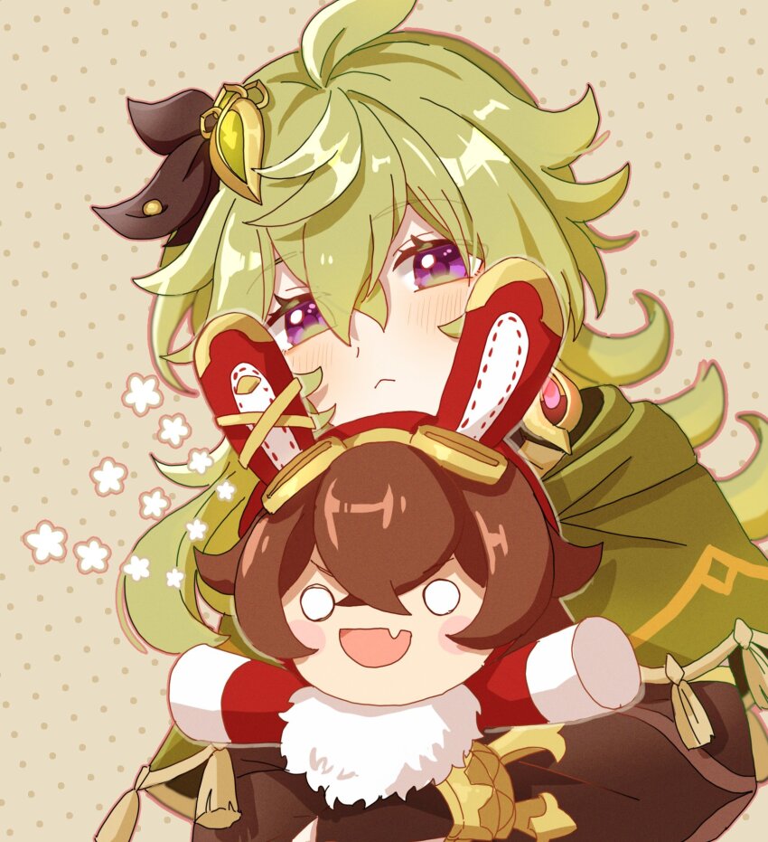 1girl, :<, ahoge, aoyagi_(ao0701yagi), baron_bunny_(genshin_impact), blush, brown_background, brown_dress, capelet, closed_mouth, collei_(genshin_impact), commentary_request, crossed_bangs, doll, dress, earrings, eyelashes, flower_symbol, genshin_impact, green_capelet, green_hair, hair_between_eyes, hair_ornament, highres, holding, holding_doll, jewelry, long_hair, long_sleeves, looking_at_viewer, polka_dot, polka_dot_background, purple_eyes, sidelocks, simple_background, solo, tassel, upper_body