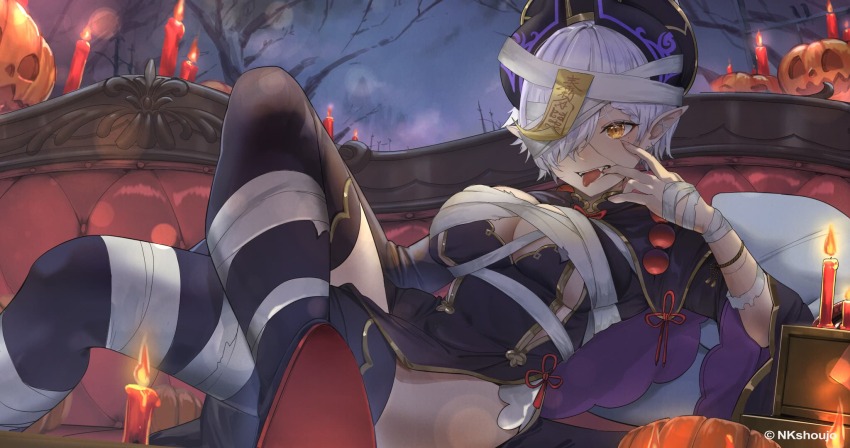 1girl, :d, bandages, black_thighhighs, breasts, candle, china_dress, chinese_clothes, cleavage, cray_(vtuber), crossed_legs, dress, fangs, hair_over_one_eye, haowei_wu, hat, highres, jack-o'-lantern, large_breasts, mole, mole_under_eye, open_mouth, original, pointy_ears, qingdai_guanmao, short_hair, sitting, smile, solo, talisman, teeth, thighhighs, tongue, tongue_out, virtual_youtuber