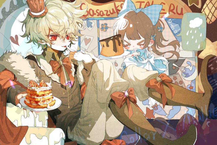 1boy, 1girl, 691442163, absurdres, alice_(alice_in_wonderland), alice_(alice_in_wonderland)_(cosplay), alice's_adventures_in_wonderland, blue_dress, brown_hair, character_name, chibi, closed_eyes, collar_x_malice, cosplay, crown, dress, food, fruit, highres, hoshino_ichika_(collar_x_malice), light_green_hair, long_hair, long_sleeves, mini_crown, pancake, pancake_stack, pants, queen_of_hearts_(alice_in_wonderland), queen_of_hearts_(alice_in_wonderland)_(cosplay), red_eyes, sasazuka_takeru, short_hair, strawberry, whipped_cream