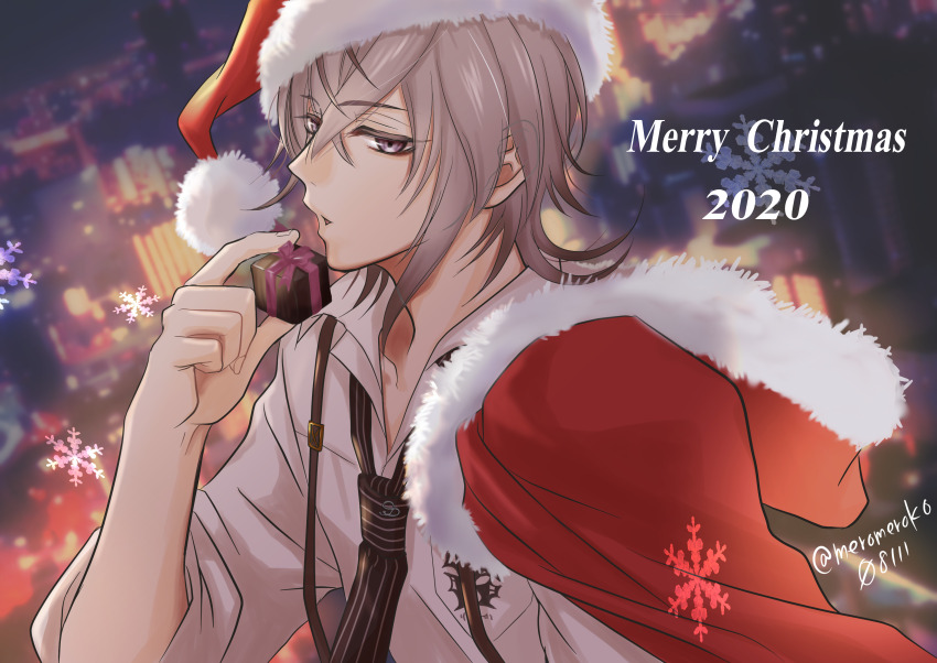 1boy, 2020, absurdres, box, brown_hair, cape, collar_x_malice, collared_shirt, fur-trimmed_cape, fur_trim, gift, gift_box, grey_eyes, grey_hair, hat, highres, male_focus, mero-yoruyami, merry_christmas, multicolored_hair, okazaki_kei, red_cape, santa_cape, santa_costume, santa_hat, shirt, short_hair, solo, white_hair, white_shirt