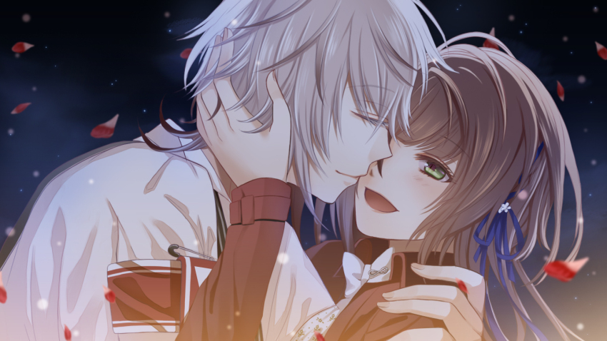 1boy, 1girl, armband, black_jacket, blush, brown_hair, closed_eyes, collar_x_malice, facing_another, grey_hair, hetero, hoshino_ichika_(collar_x_malice), jacket, long_hair, long_sleeves, momo_0602, multicolored_hair, okazaki_kei, open_mouth, red_armband, shirt, short_hair, white_hair, white_shirt