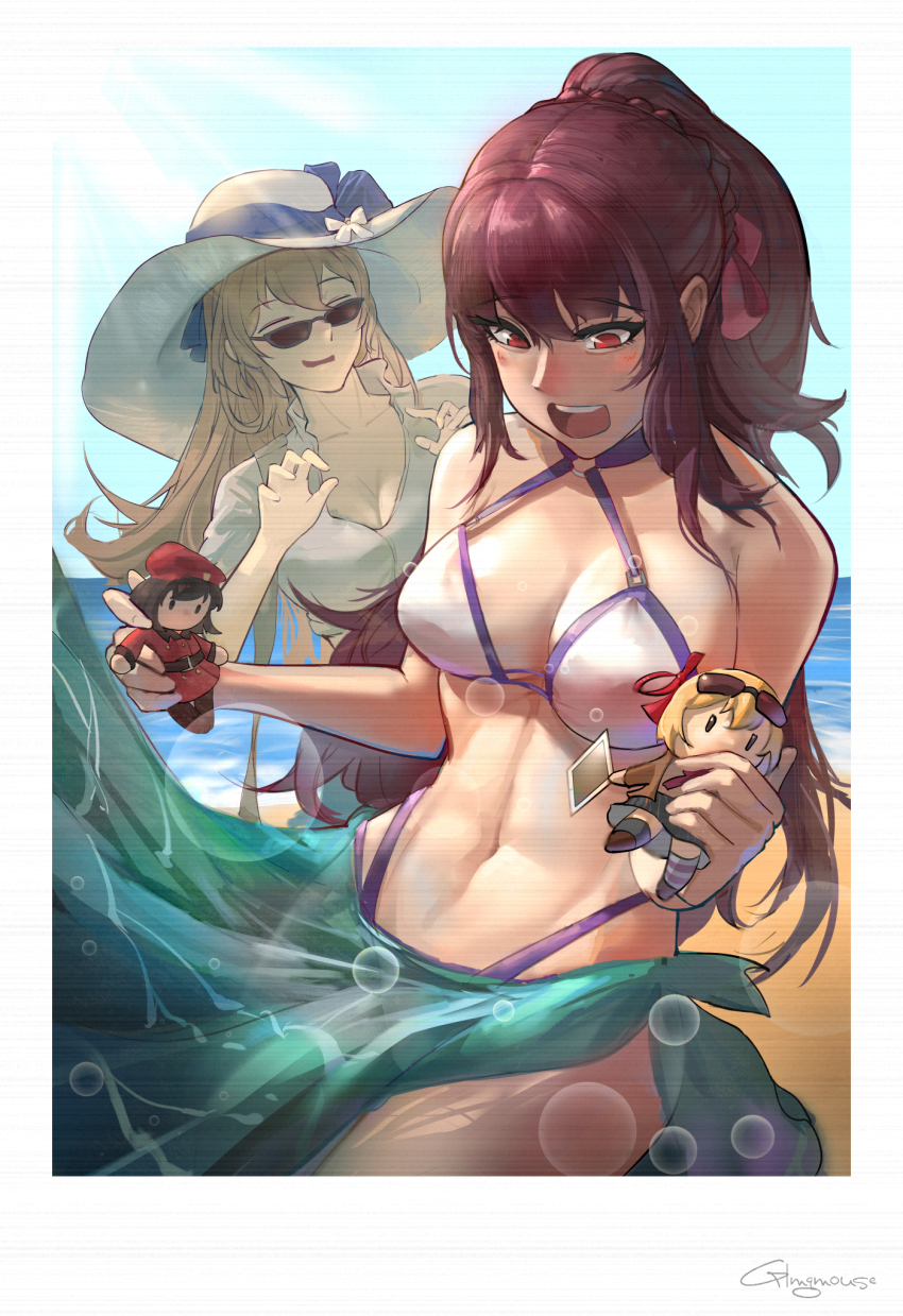 2girls, artist_name, bare_shoulders, bikini, blush, border, breasts, character_doll, chibi, cleavage, closed_eyes, collarbone, cosplay, doll, feet_out_of_frame, female_commander_(girls'_frontline), gblamgo, girls'_frontline, hat, highres, kalina_(girls'_frontline), long_hair, looking_down, medium_breasts, multiple_girls, navel, official_alternate_costume, open_mouth, orange_hair, ponytail, purple_hair, red_eyes, sidelocks, smile, springfield_(girls'_frontline), springfield_(girls'_frontline)_(cosplay), springfield_(stirring_mermaid)_(girls'_frontline), standing, stomach, sun_hat, sunglasses, swimsuit, wa2000_(girls'_frontline), white_bikini, white_border, white_headwear